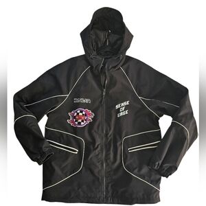 Zara Black Varsity Jacket with White Accents and Graphic Details